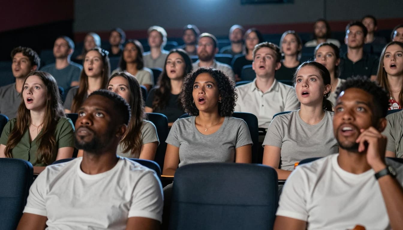 Crowded movie theater with fans watching a superhero movie