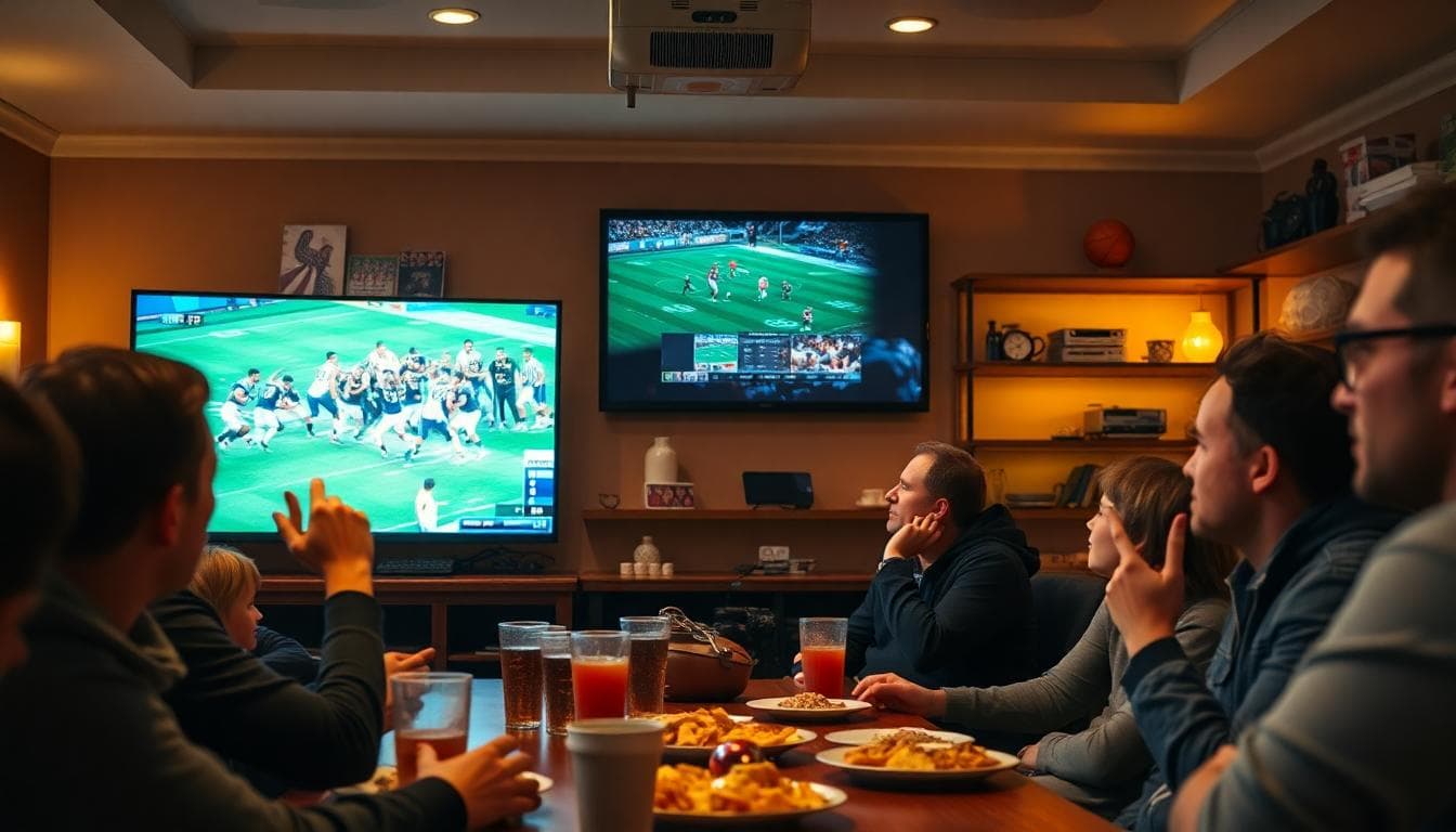 Fans reacting to a close play while watching multiple screens