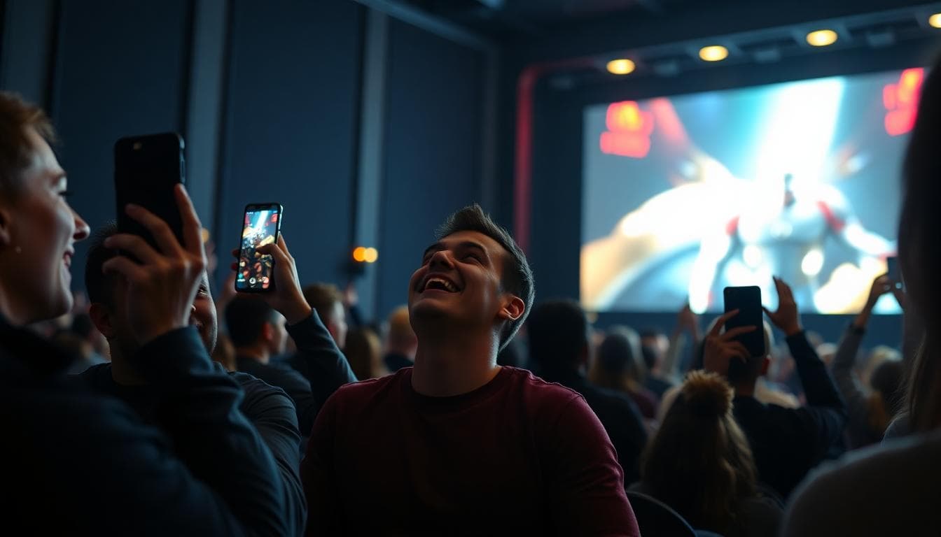 Avengers: Doomsday Trailer Timing: What We Know, What’s Rumored, and What to Watch 4 Excited theater audience reacting to a superhero trailer moment with phones raised