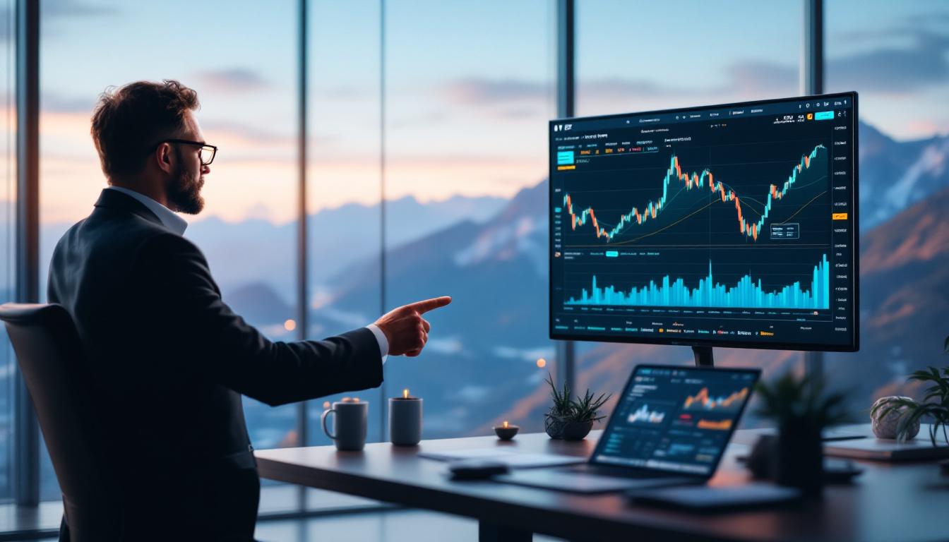 Expert investor in sleek office, pointing at large screens showing soaring Ethereum charts and ETF approval headlines, surrounded by digital finance news and blockchain data