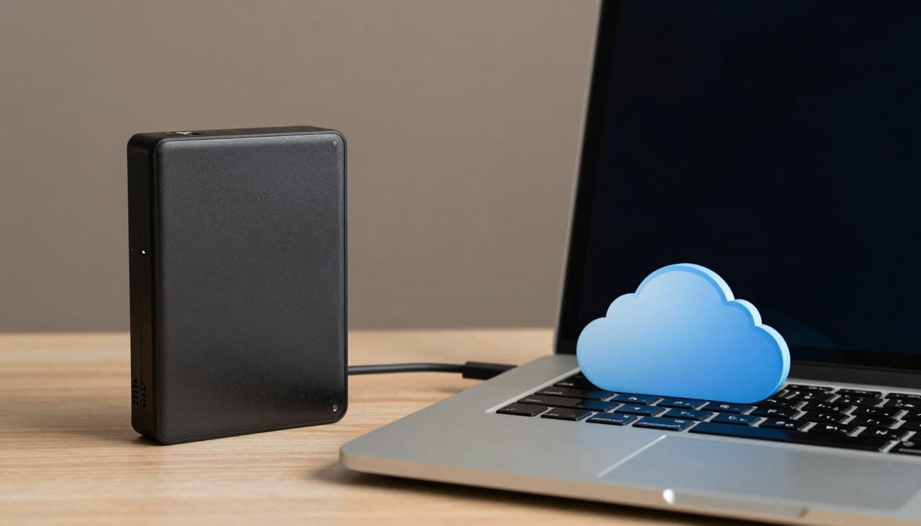 Laptop and external hard drive on a desk with a cloud backup icon on the screen