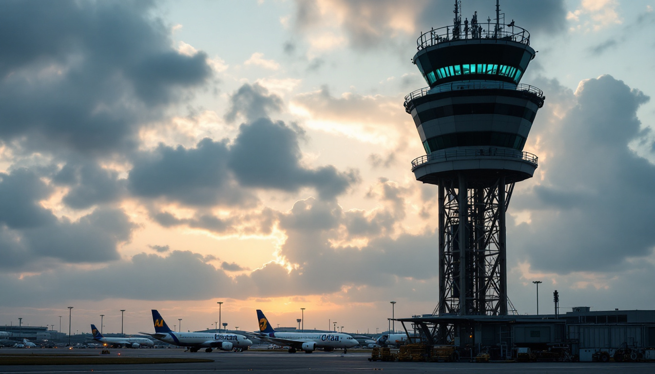 Air traffic control tower with a plane taxiing below, cloudy sky