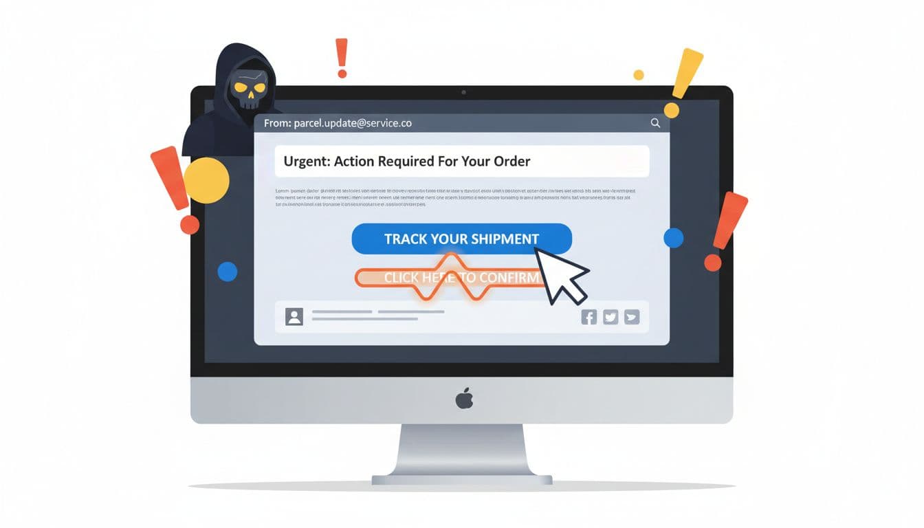 Illustration of a fake email on a computer screen with a suspicious link and a hacker silhouette