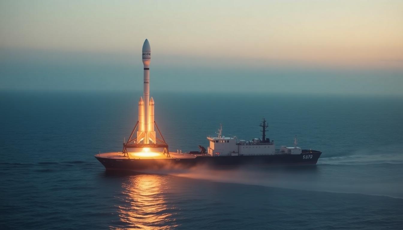 Falcon 9 first stage booster landing on droneship A Shortfall of Gravitas at sunrise