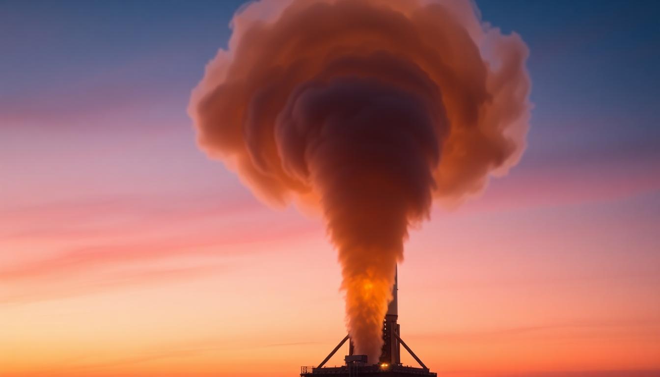 Long-exposure style jellyfish plume from Falcon 9 upper stage at dawn