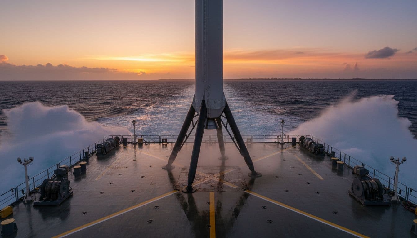 Falcon 9 first stage touching down on a droneship at sea during sunset