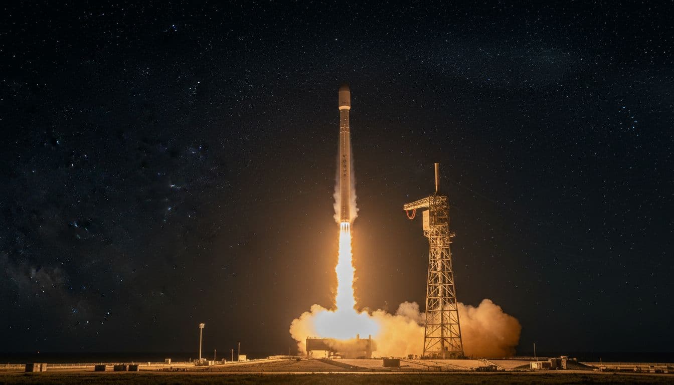 Falcon 9 rocket lifting off at night with bright engine plume