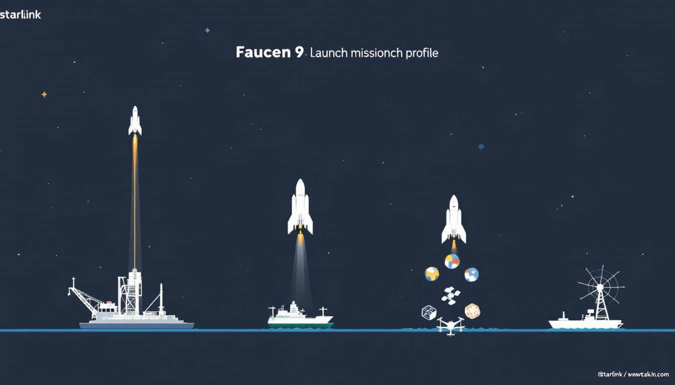 Infographic illustration of Falcon 9 launch profile including liftoff, stage separation, droneship landing, and satellite deployment