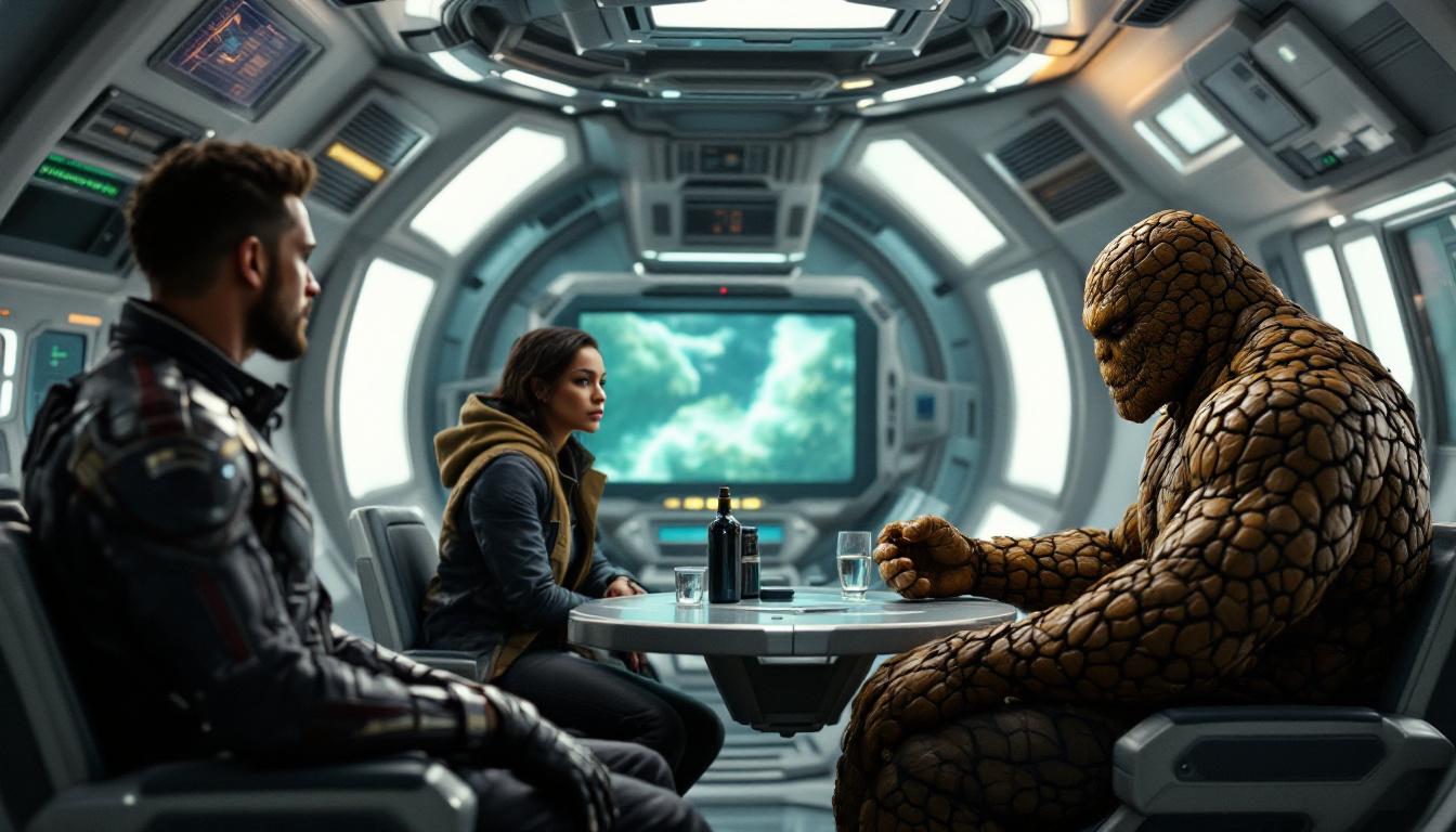 Inside Image 3: Falcon, US Agent, and The Thing inside a futuristic spaceship-lab, referencing the set leak with realistic actors in costume.