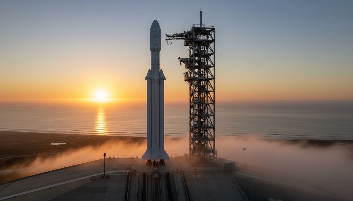 SpaceX Launches 60th Falcon 9 From Vandenberg in 2025, Adds 27 New Starlink Satellites 2 Falcon 9 style rocket standing on the launch pad at Vandenberg during golden hour