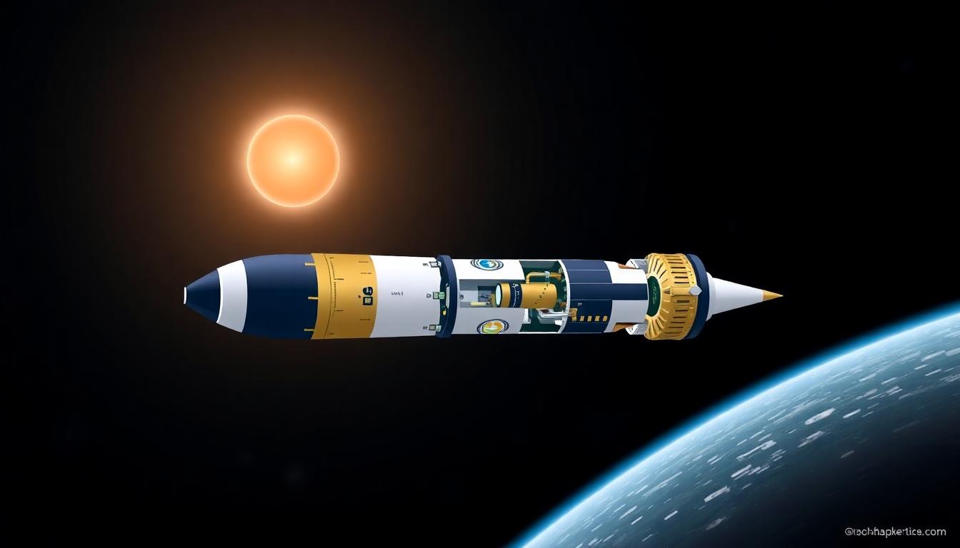 Infographic showing Falcon 9 upper stage deploying 28 Starlink V2 Mini satellites into low Earth orbit