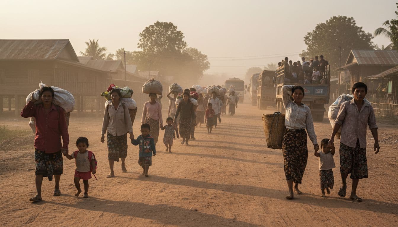 Families evacuating from a village near the Thailand-Cambodia border