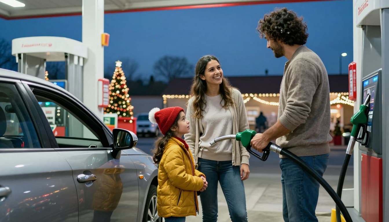 Car fueling at a gas station on Christmas evening