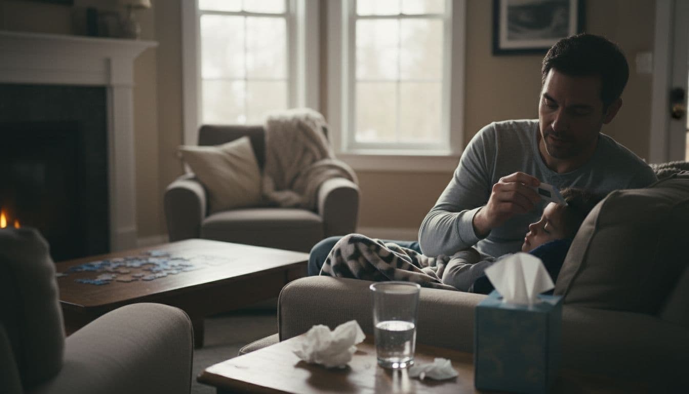 Parent checking a child's temperature at home with tissues and water nearby