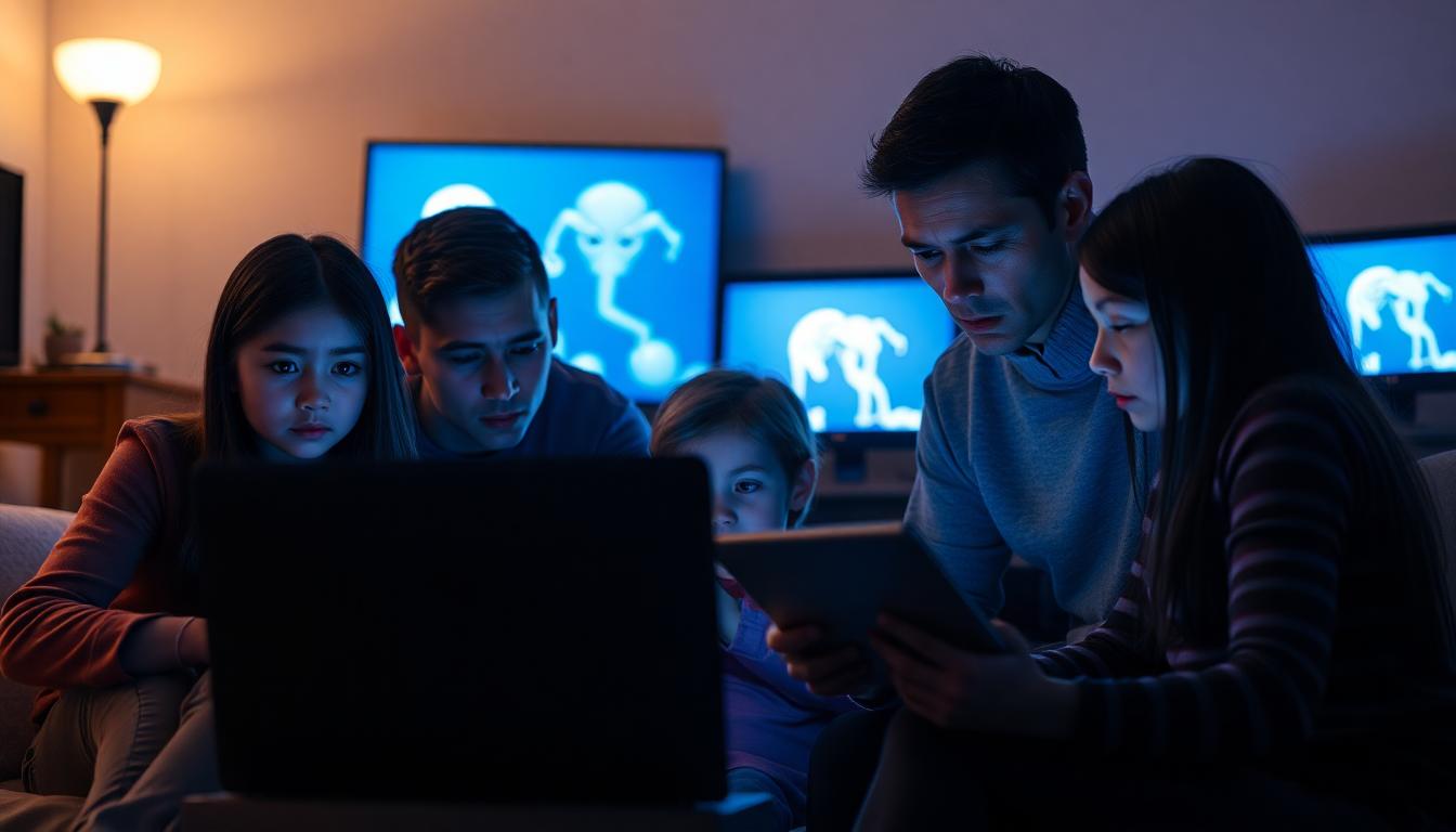 Image: Family concerned with laptops showing alien activity