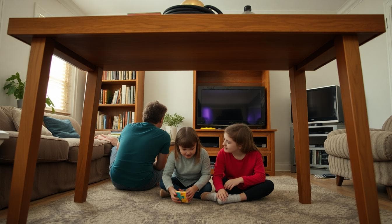 Family in a Bay Area home practicing earthquake safety by taking cover under a sturdy table