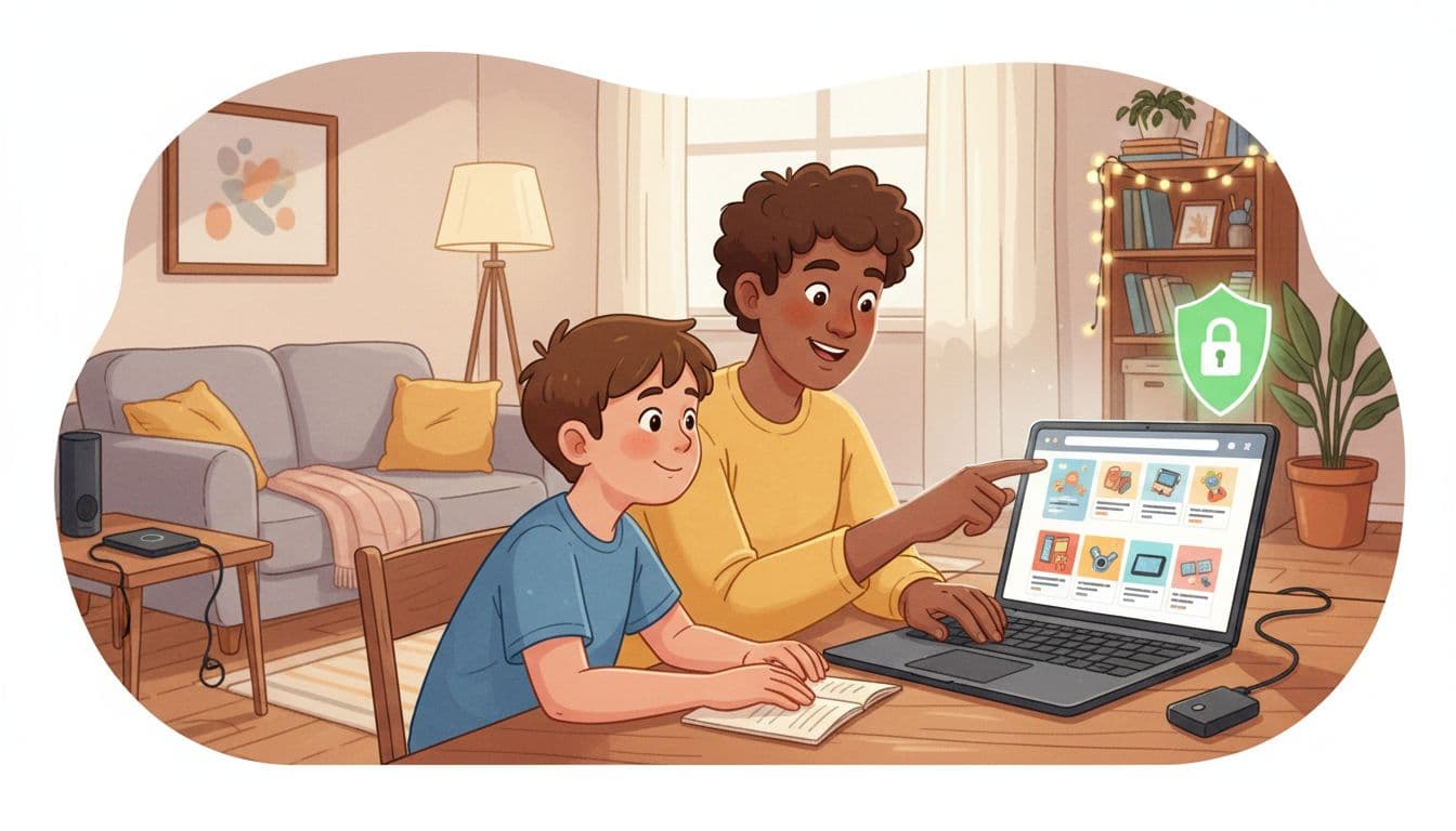 Parent and child learning about online shopping safety on a laptop at home