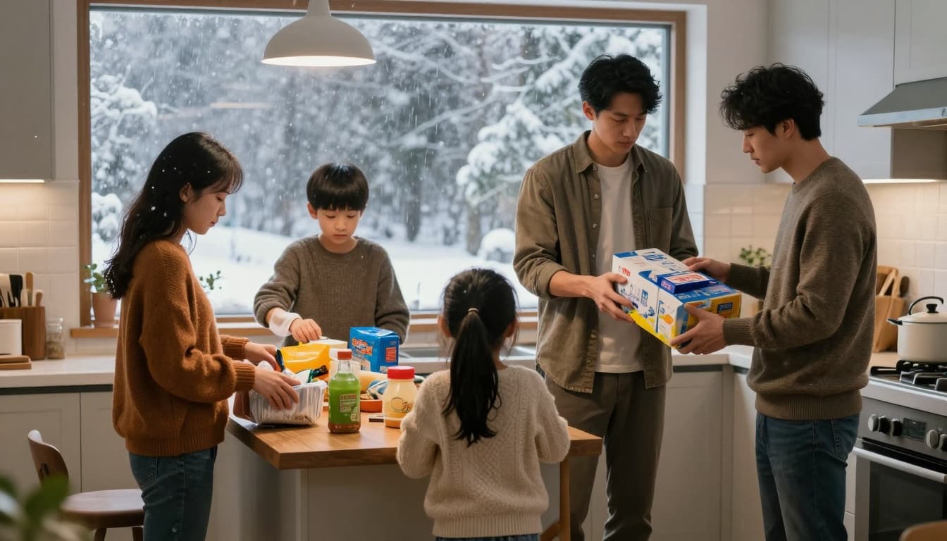 Family in a kitchen preparing supplies before a winter storm