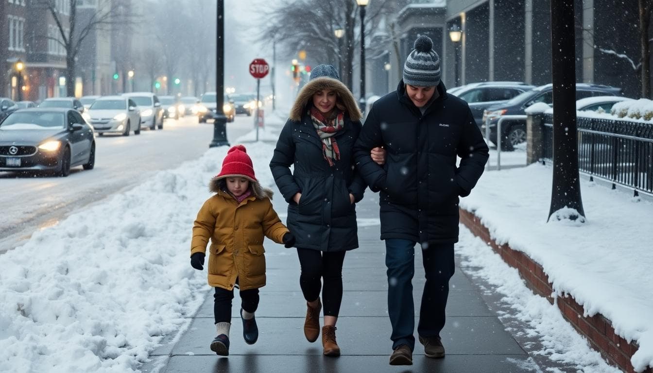 Family walking carefully on a snowy sidewalk during a winter storm