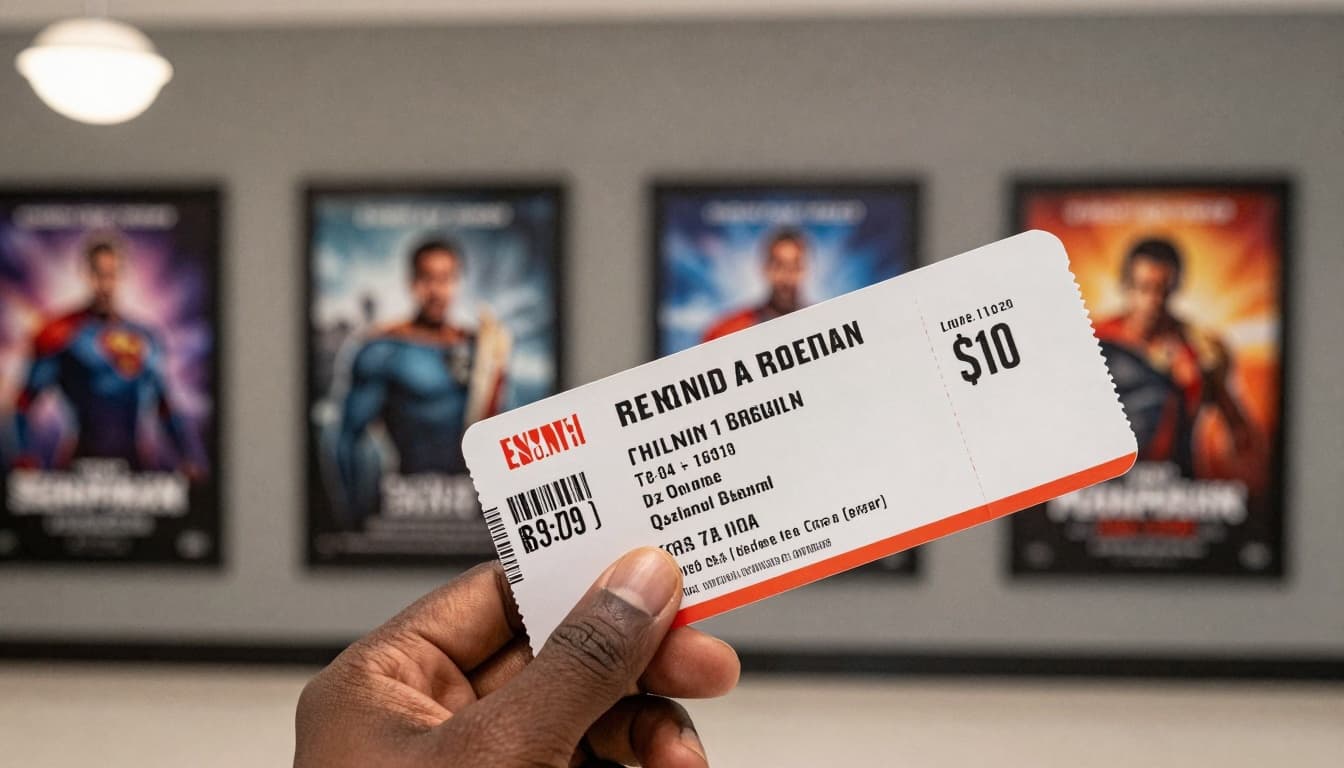Close-up of a fan holding a ticket for a superhero movie in a bright cinema lobby