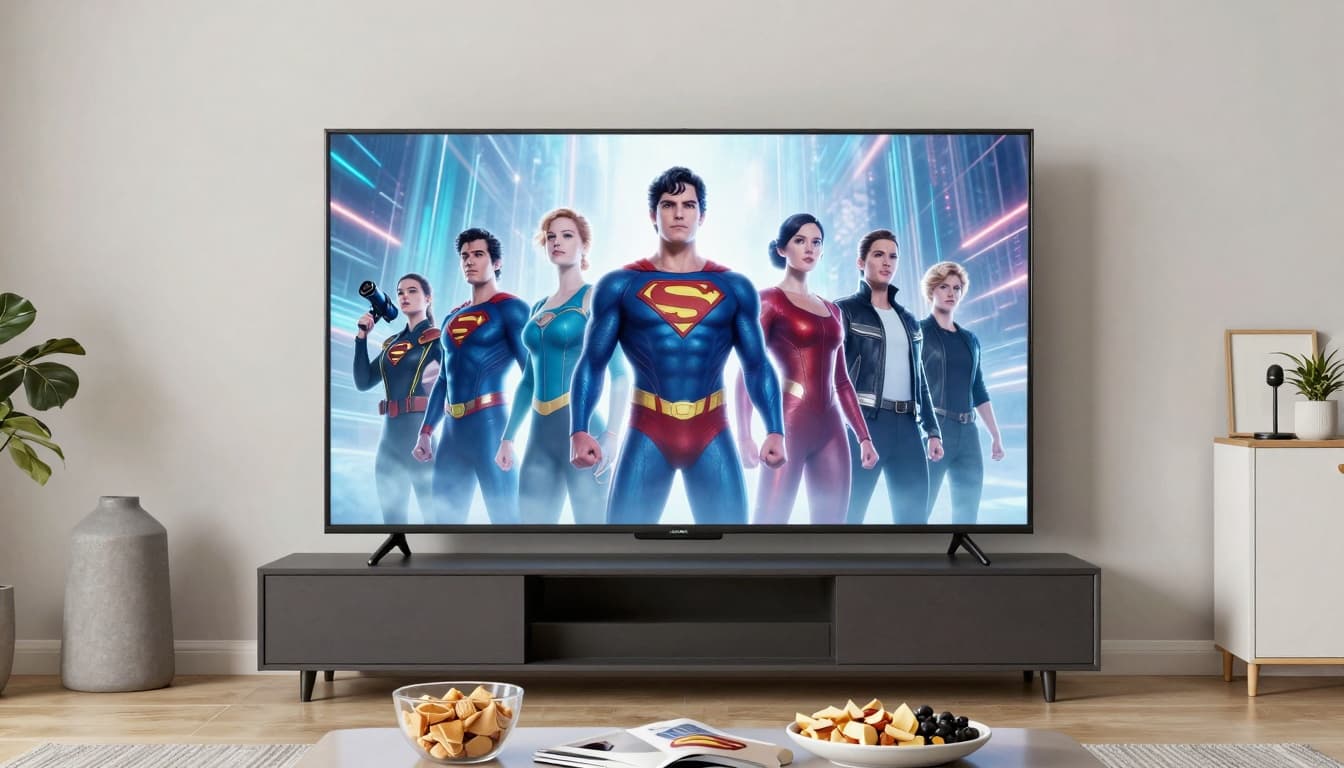 Fan watching a superhero team movie at home on a large TV