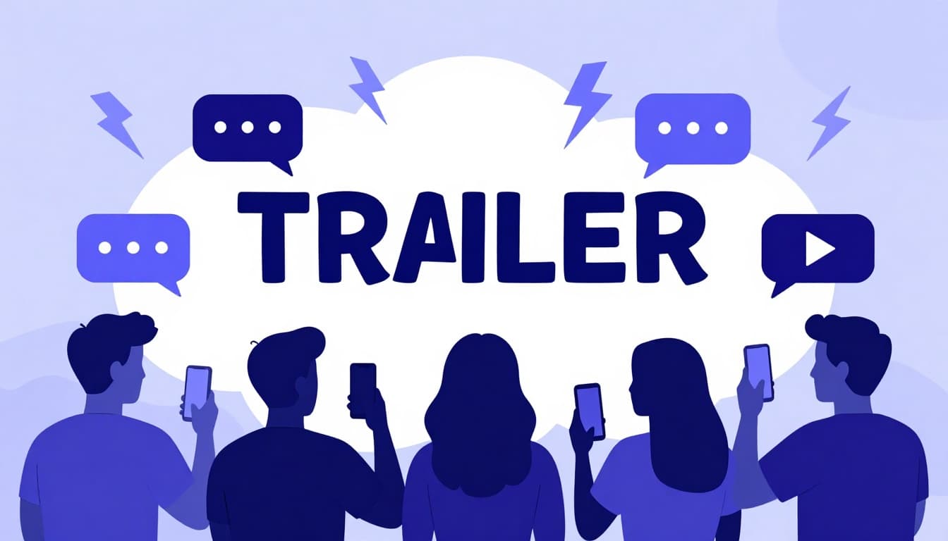 Illustration of fans reacting to a blockbuster trailer on their phones with lightning motifs