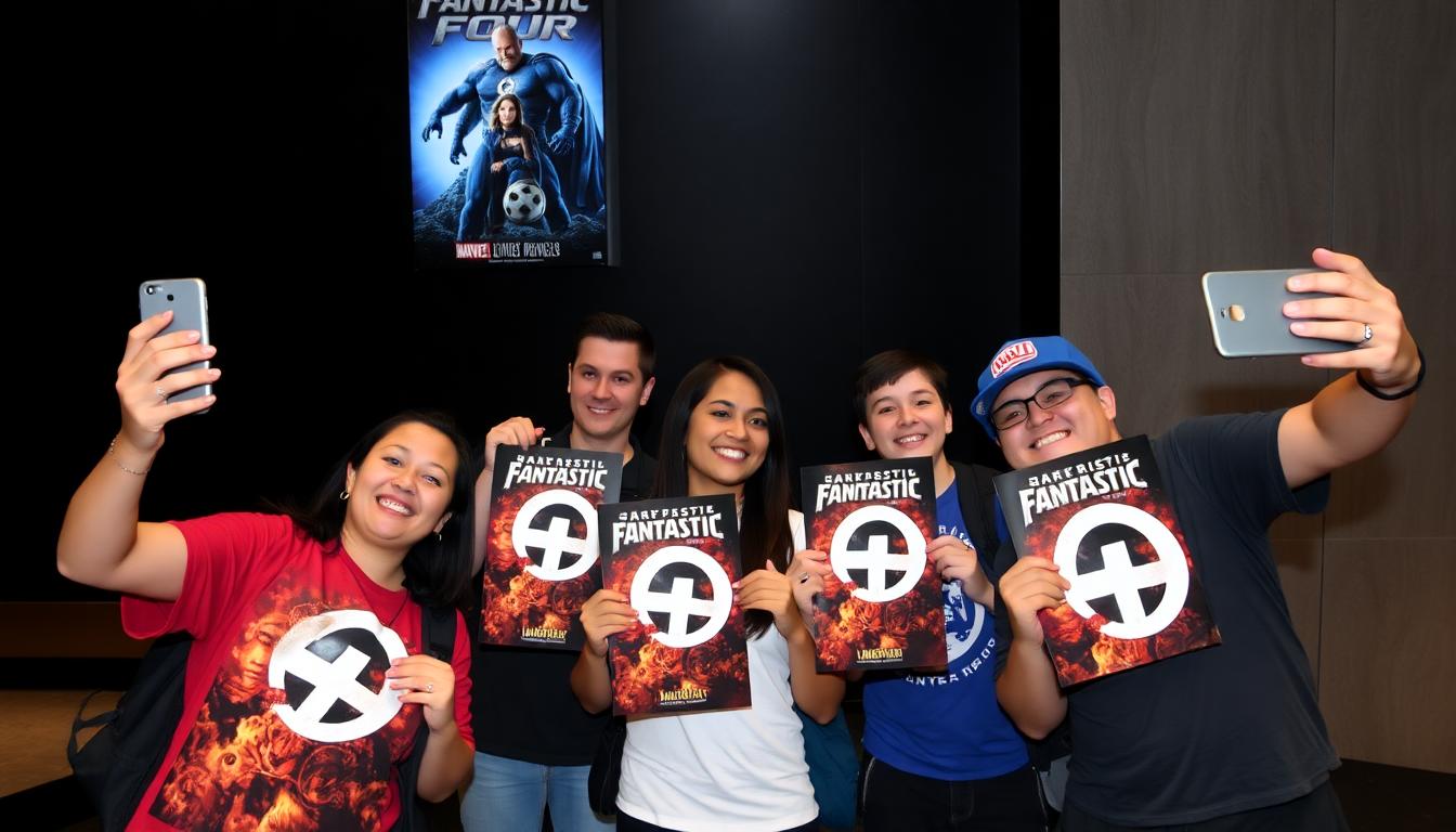 Marvel’s “Fantastic Four: First Steps” Soars to $118 Million: Inside Marvel’s Box Office Comeback 4 Fans taking selfies with Fantastic Four posters, dressed in Marvel gear, smiling at the theater lobby
