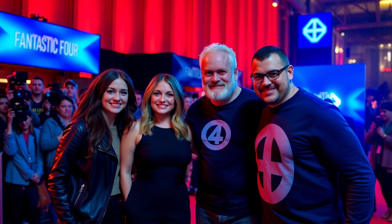 Marvel’s “Fantastic Four: First Steps” Soars to $118 Million: Inside Marvel’s Box Office Comeback 2 The new Fantastic Four actors pose together at the movie premiere, red and blue lighting, press in background