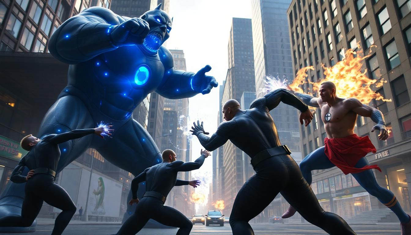 Marvel’s “Fantastic Four: First Steps” Soars to $118 Million: Inside Marvel’s Box Office Comeback 3 Action-packed battle scene between Fantastic Four and a giant villain in downtown city, superhero powers glowing