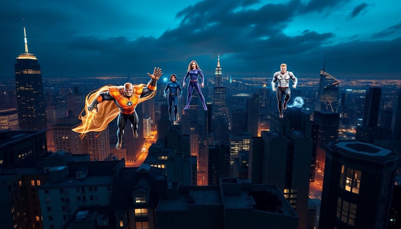 Fantastic Four: First Steps — Full Movie Breakdown, End Credits, and What’s Next for Marvel 3 A panoramic cityscape at night with superhero action: the Fantastic Four using their powers above city rooftops, dramatic and energetic scene, Marvel style.