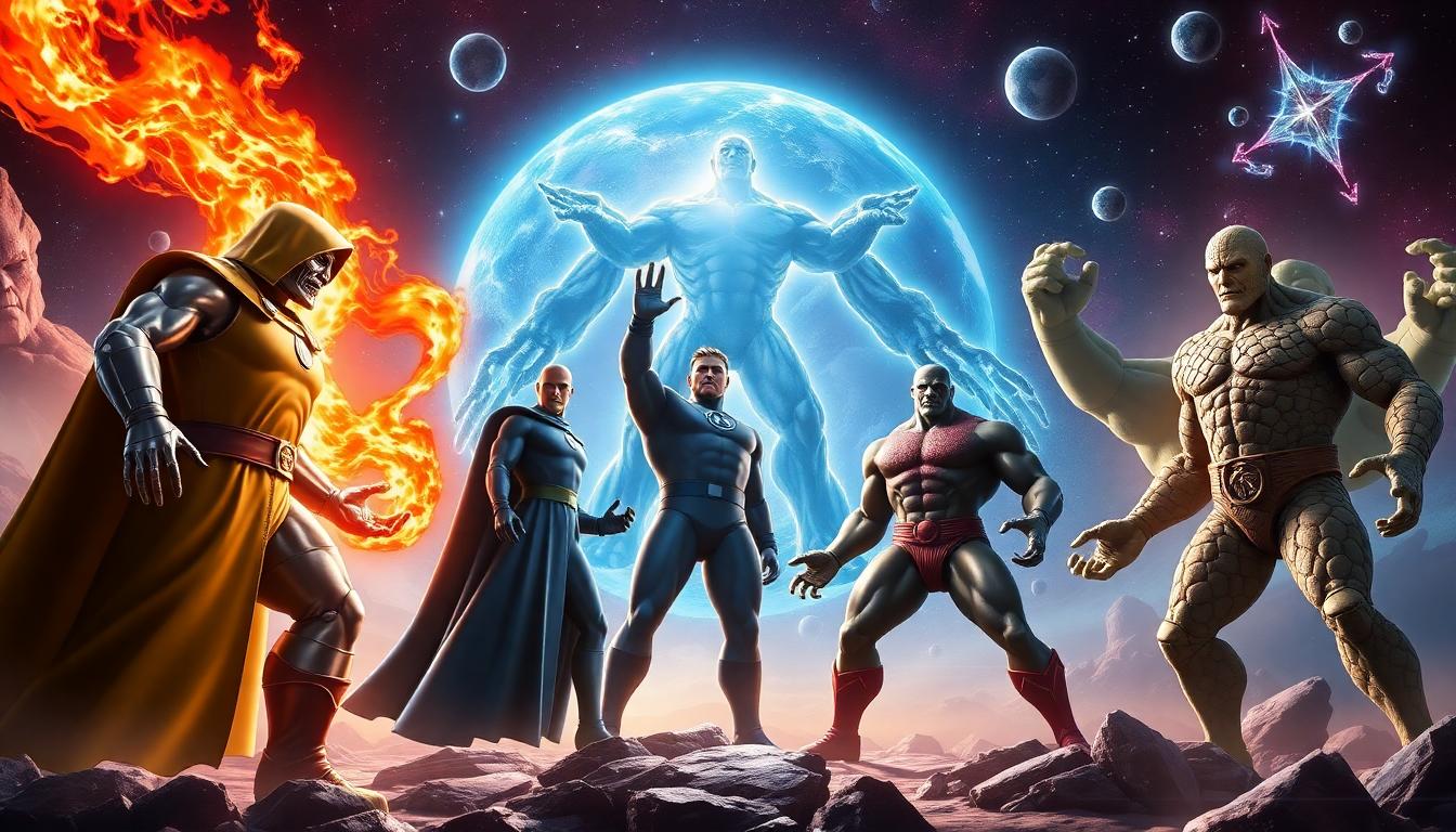Spider-Man’s Villains vs. The Fantastic Four’s Rogues Gallery: Why Impact Matters in Marve 2 Fantastic Four team facing cosmic villains: Doctor Doom, Galactus, Annihilus, Molecule Man, with a cosmic space setting, grandeur and scale