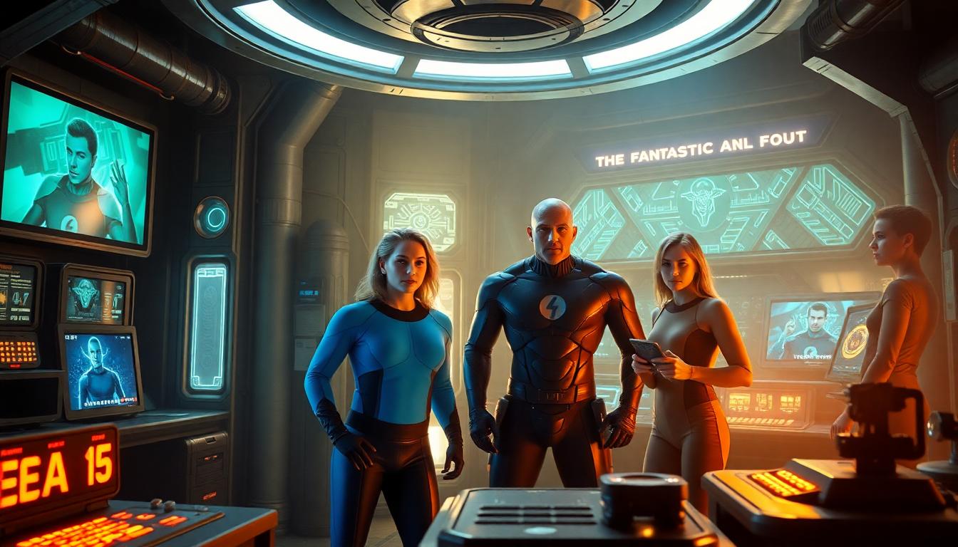 Fantastic Four: First Steps — Full Movie Breakdown, End Credits, and What’s Next for Marvel 2 The Fantastic Four team inside their high-tech laboratory, working with futuristic gadgets, glowing screens, team in action, cinematic lighting.