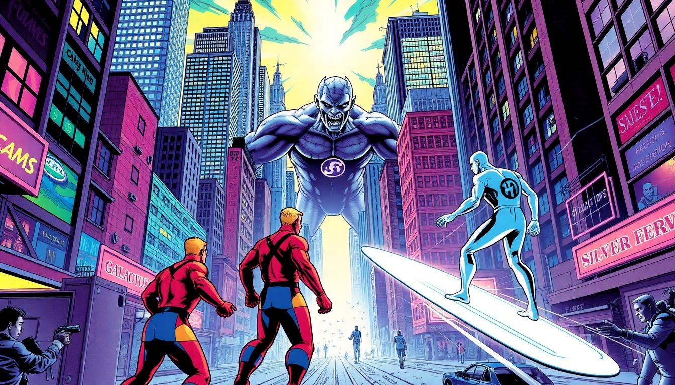 The Fantastic Four on Film: A Storied Past and a Hopeful Future 3 Inside Article Image 2: The Fantastic Four and Silver Surfer face Galactus