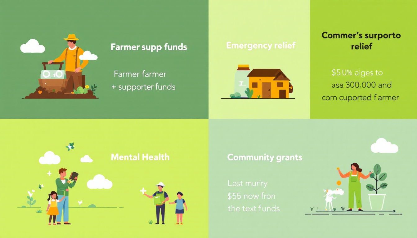 Infographic icons representing farmer support funds, emergency relief, and community grants