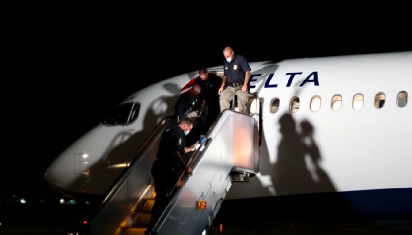 Federal agents boarding a Delta jet at night