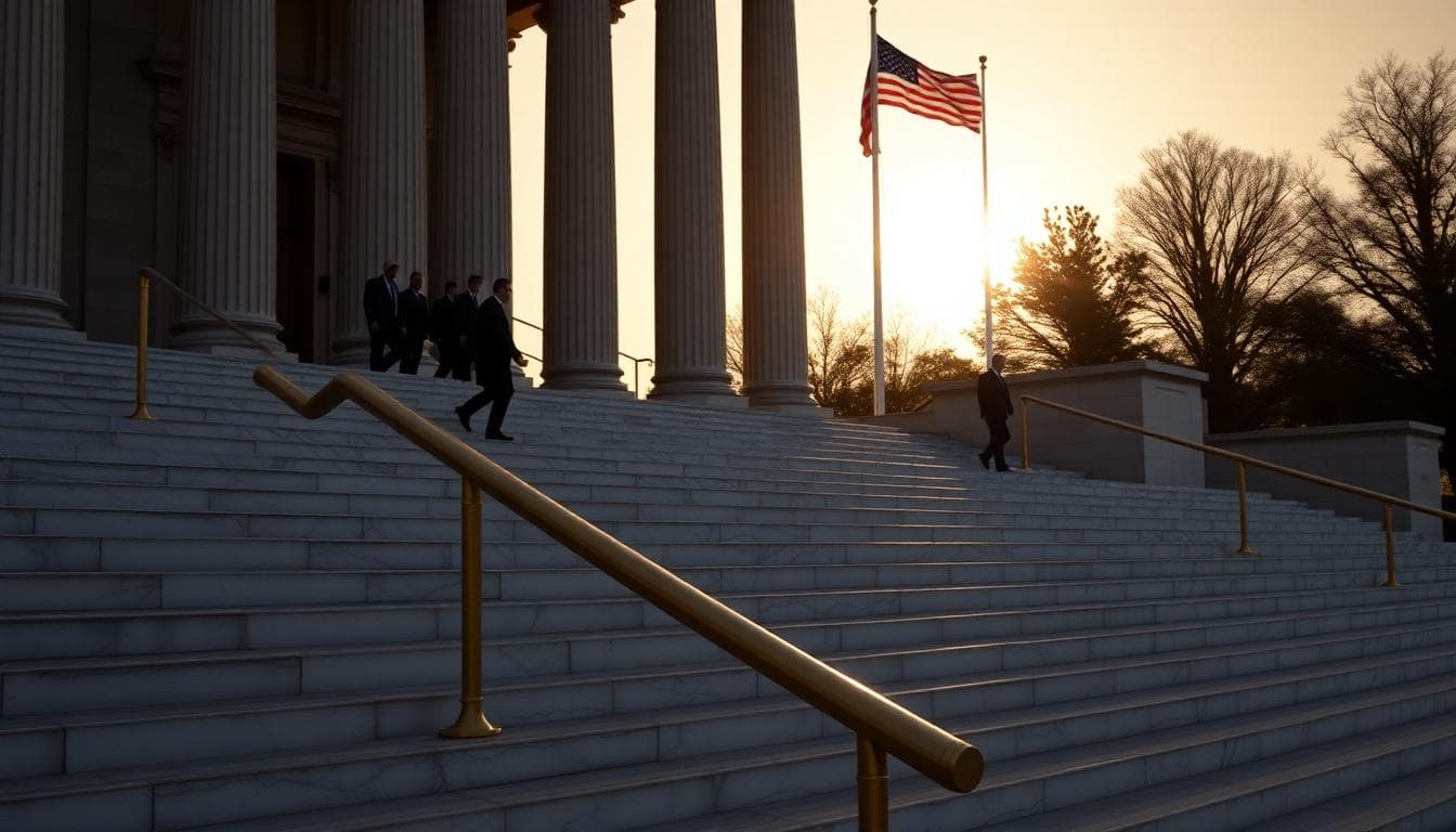 Federal courthouse exterior at dawn with columns and flag