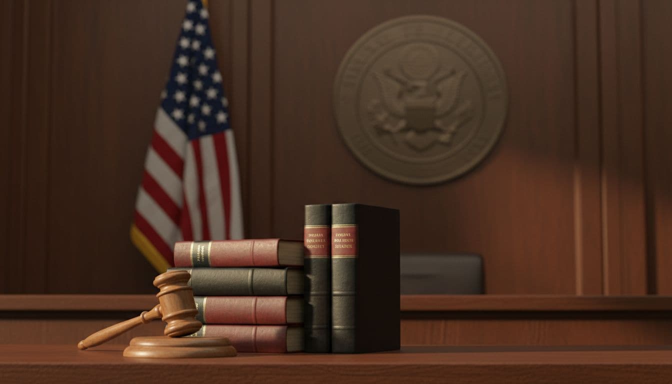 Judge’s bench with a gavel and law books, American flag in the background