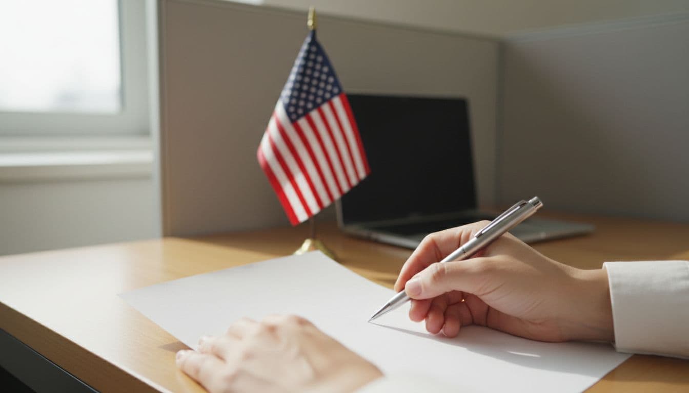 Hands holding a pen over a leave request or timesheet form with a blurred U.S. flag