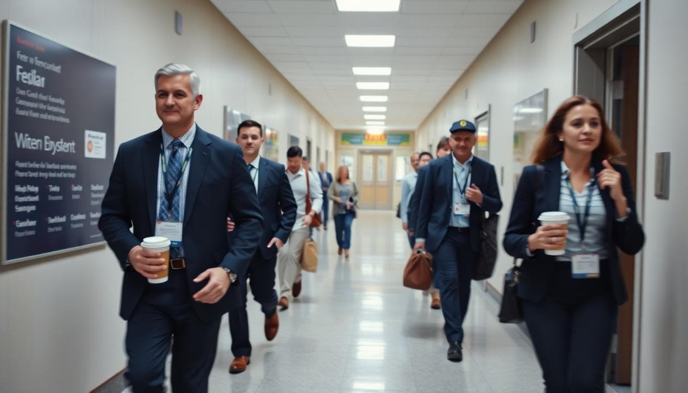 Federal employees walking through a government building hallway returning to work