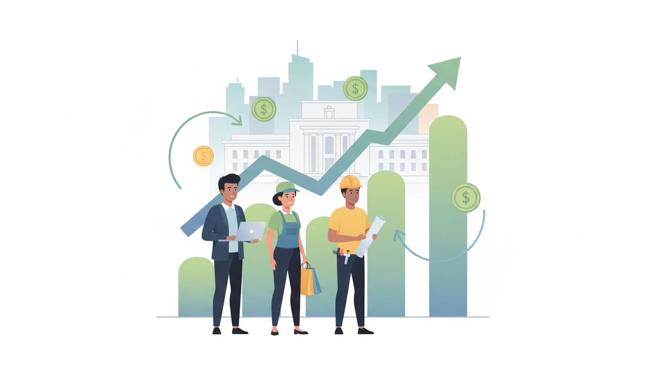 Workers standing in front of charts showing interest rates and jobs