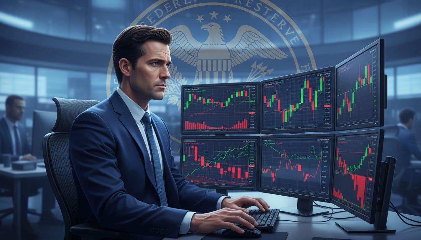 Trader watching mixed stock and bond charts after Fed decision