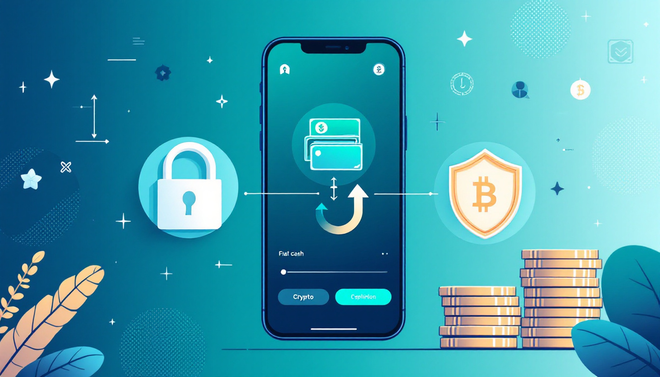Concept illustration of a fiat to crypto wallet transfer within an omni-banking app