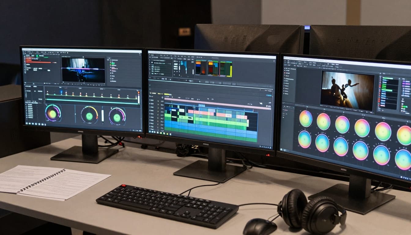 Film editing workstation with multiple monitors showing a timeline and color grading tools