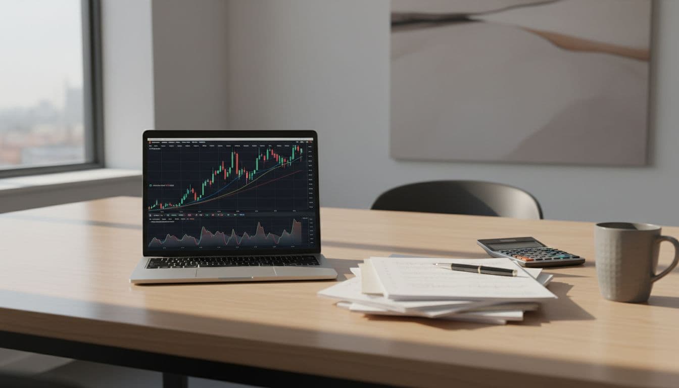 November Stock Market Outlook: Seasonality, Earnings, and Rate Signals 2 Analyst workstation with laptop stock charts, earnings notes, and a calculator