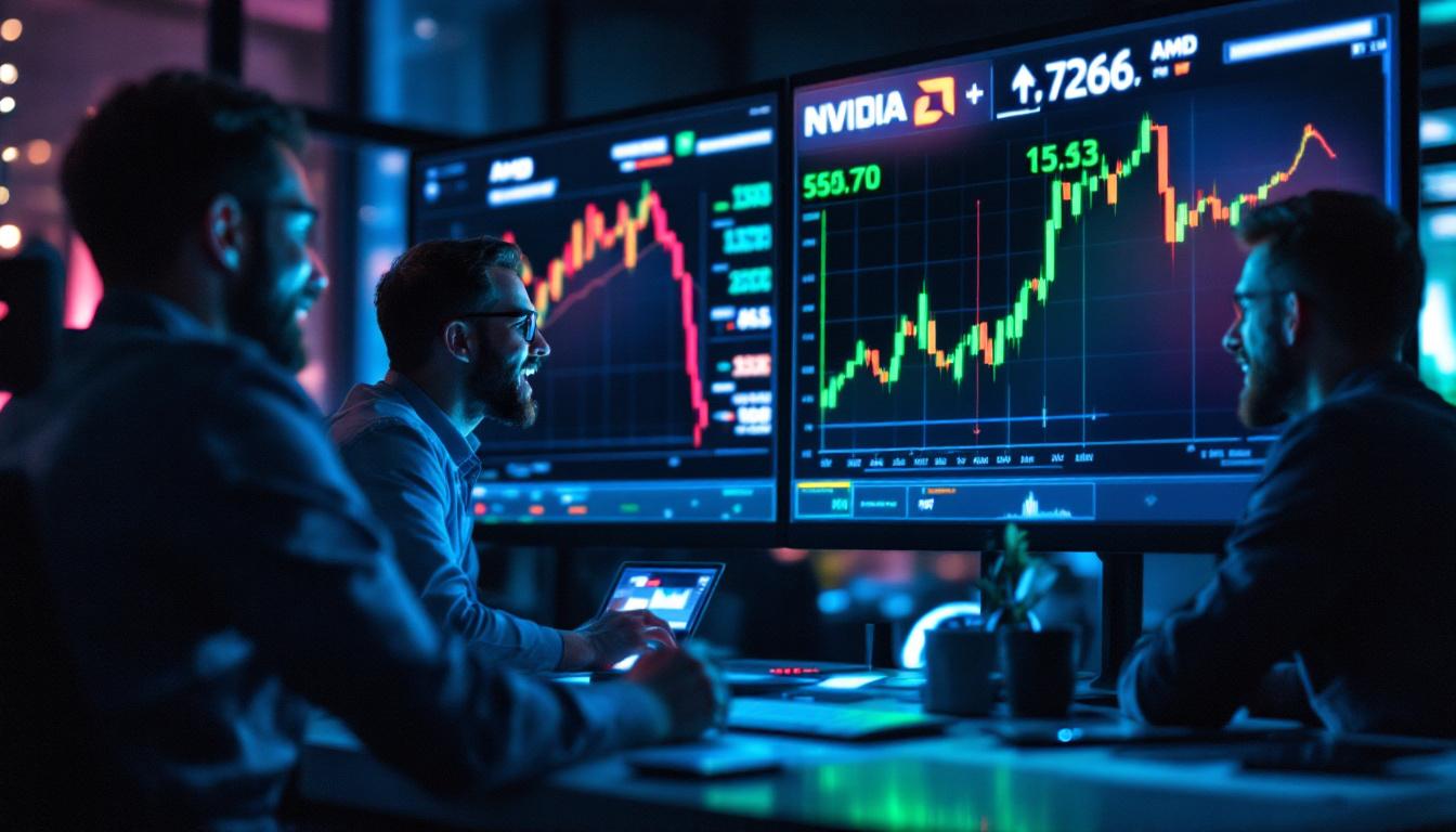 Inside image 2: Financial analysts in a modern office tracking AMD and Nvidia stock prices on big screens. A digital graph highlights AMD’s rapid price jump, with excitement on the analysts’ faces.