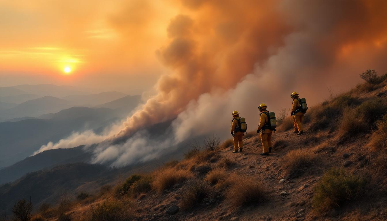 Firefighters on a ridge reinforcing containment lines, dense smoke, yellow protective gear, coordinated ground effort, California hills, sunset light