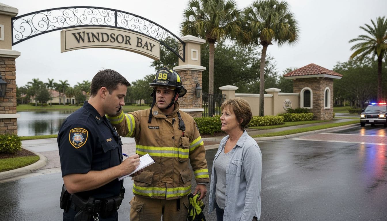 Small Plane Reportedly Crashes Into Coral Springs Pond; Dive Team Responds 4 Firefighters and police speaking with a resident near a gated community entrance