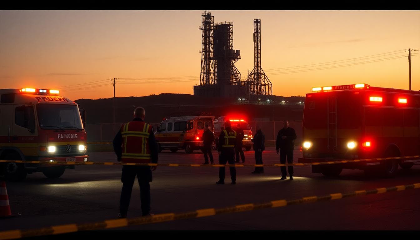 First responders with vehicles and caution tape set up around a secured perimeter near an industrial test site
