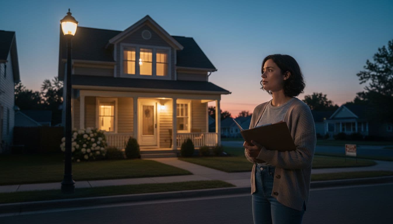 First-time homebuyer looking at a starter home at dusk