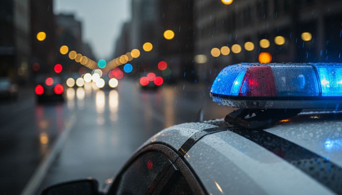 Close-up of a police cruiser light bar flashing blue and red at night, rain on the surface and bokeh lights in the background.